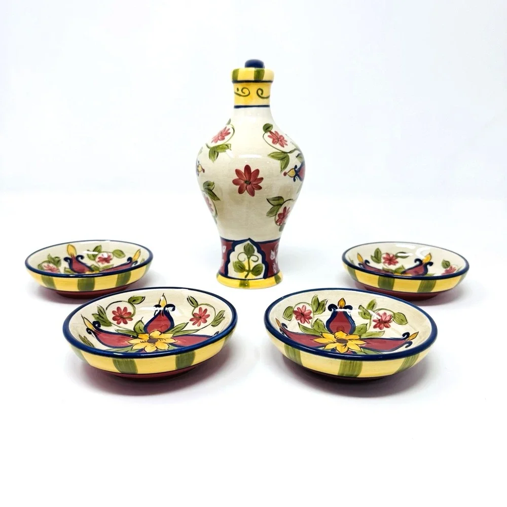 Pier 1 Vallarta Hand Painted Earthenware Oil Cruet & 4 Dip Bowls Floral Colorful